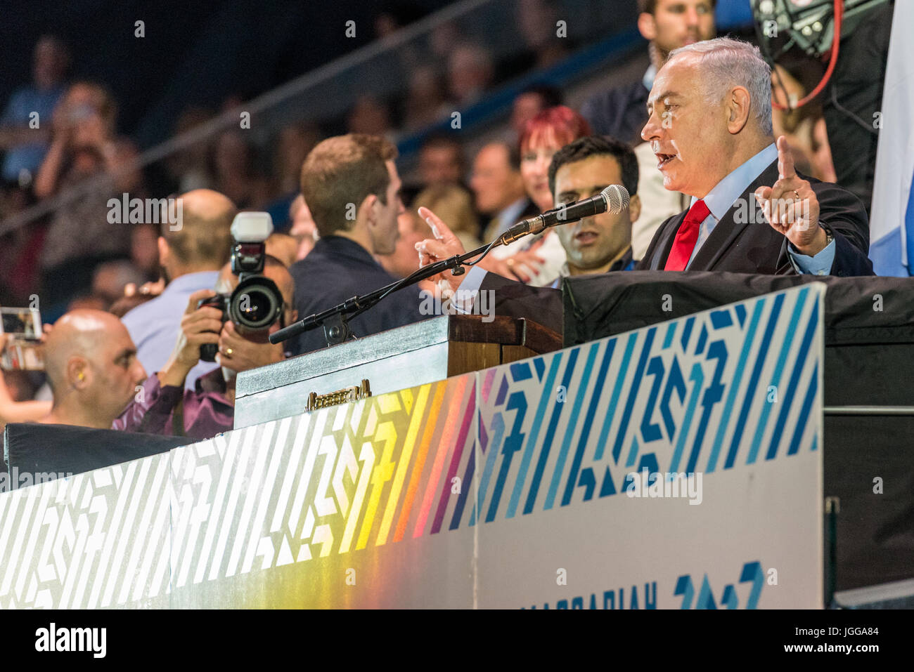 Jerusalem, Israel. 6th July, 2017. Opening ceremony of the 20th Maccabiah games - Benjamin Netanyahu speech Credit: Michael Jacobs/Alamy Live News Stock Photo