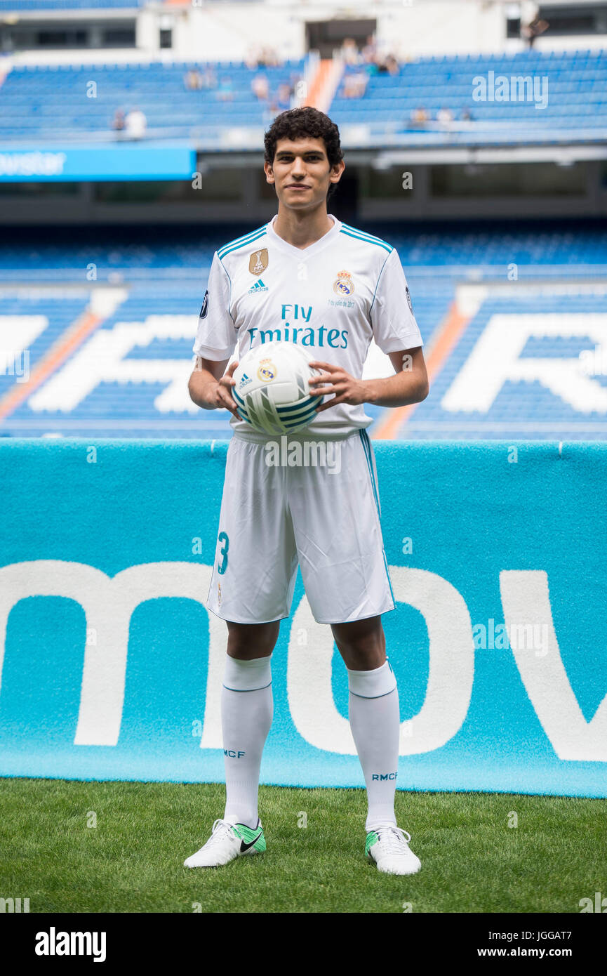 Jesus Vallejo durante su presentacion oficial como nuevo jugador del Real Madrid. 07/07/17 Stock Photo