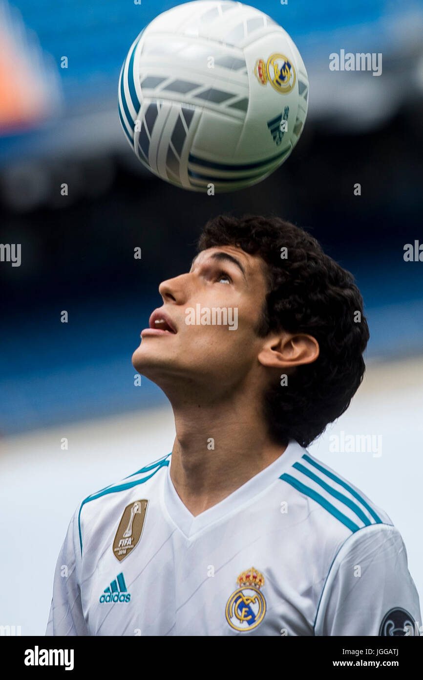 Jesus Vallejo durante su presentacion oficial como nuevo jugador del Real Madrid. 07/07/17 Stock Photo