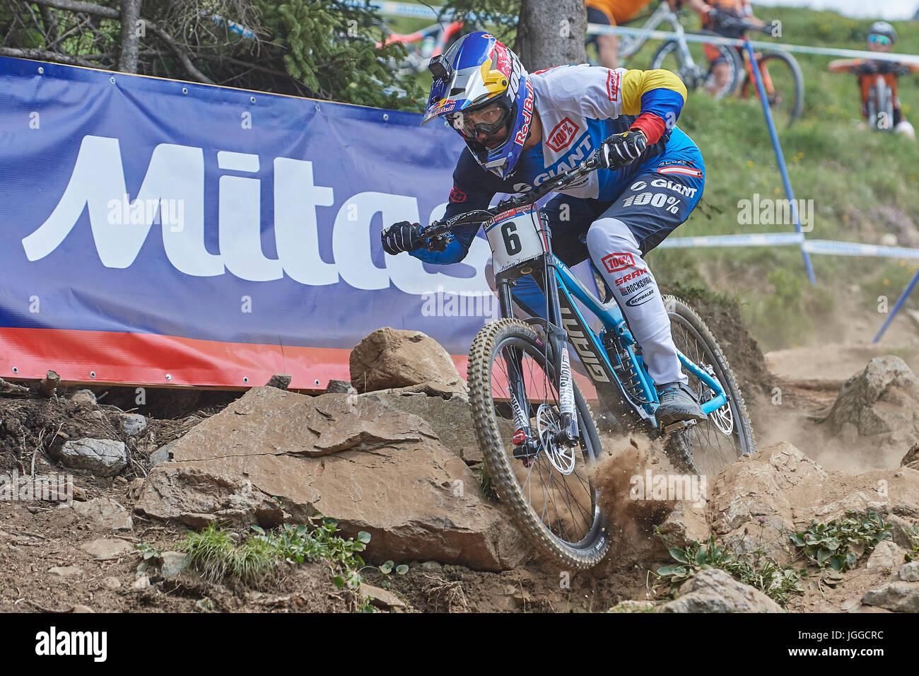 Lenzerheide, Switzerland. 7th July, 2017. Marcelo Gutierrez Villegas from GIANT FACTORY OFF-ROAD TEAM during his qualifying run at the UCI Mountain Bike Downhill Worldcup in Lenzerheide. Credit: Rolf Simeon/bildgebend.ch/Alamy Live News Stock Photo
