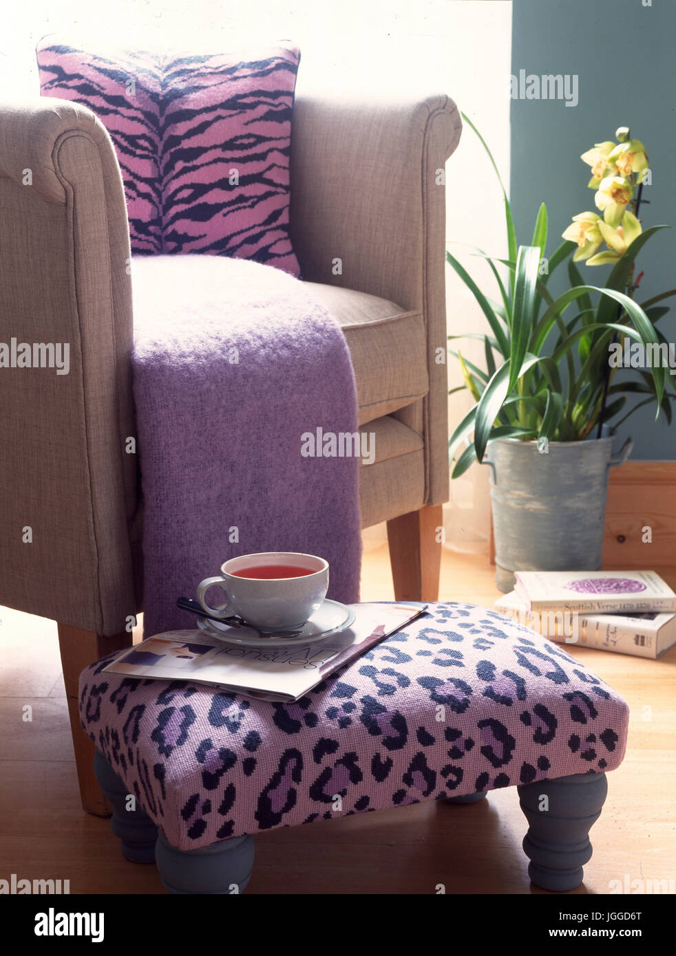 Closeup of chair with mauve cushion and throw Stock Photo