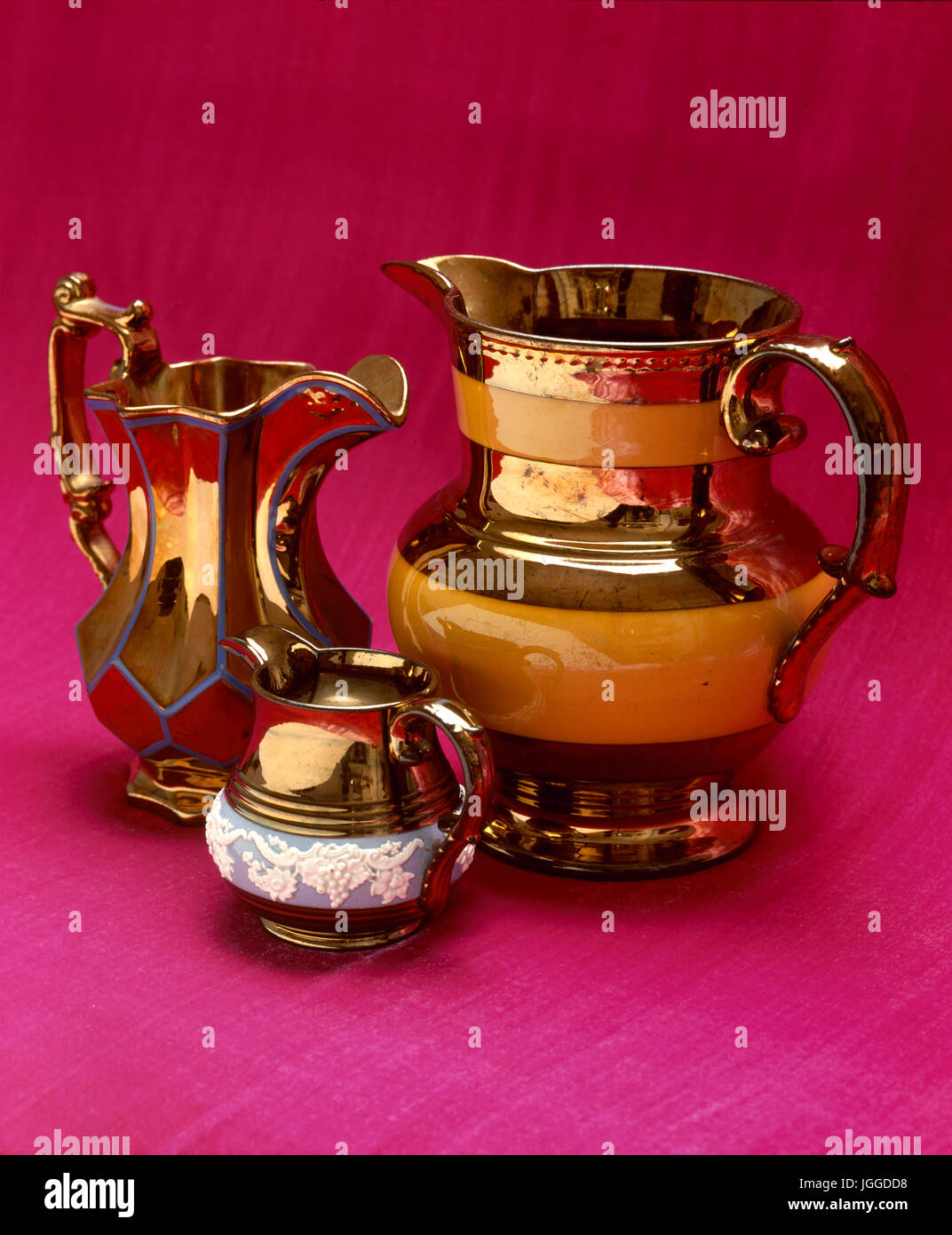 Close-up of antique Lustre ware jugs Stock Photo