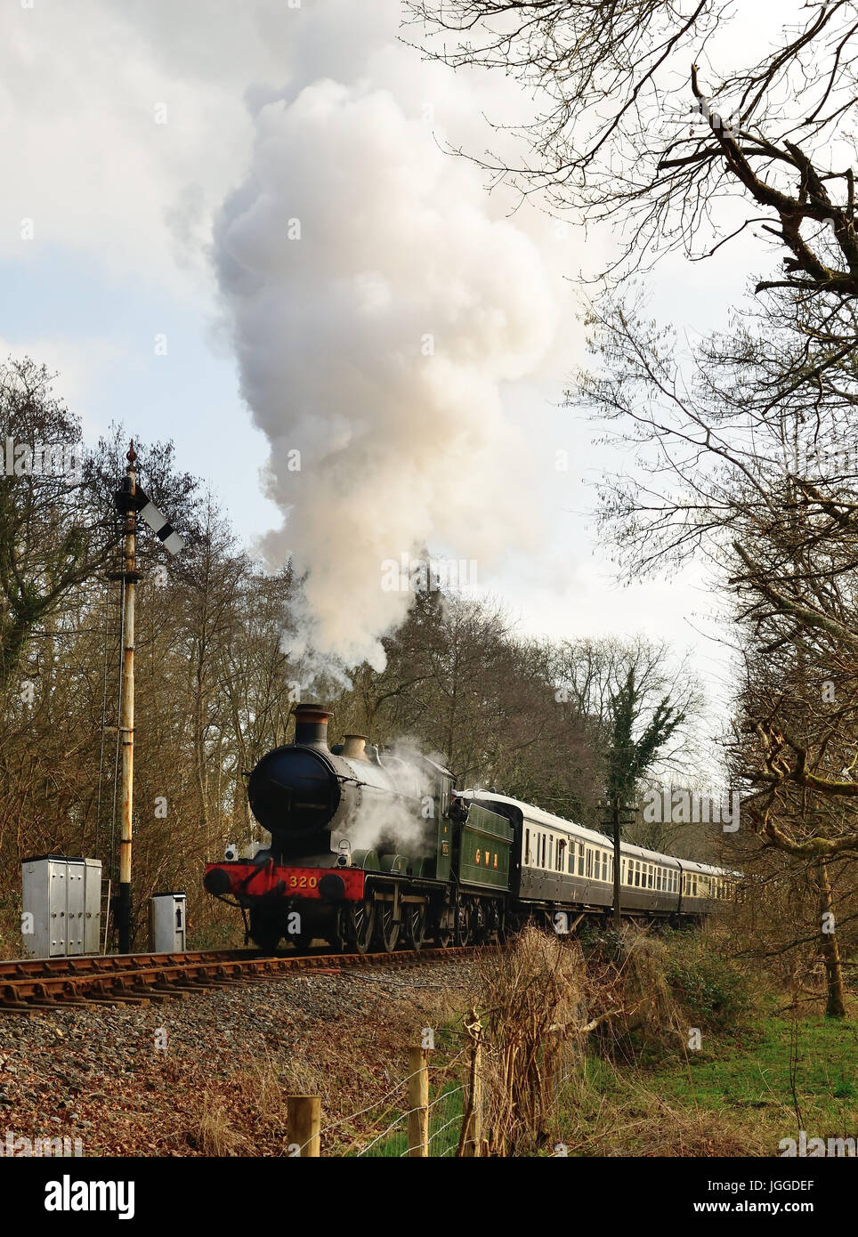 Steam train on the South Devon Railway, approaching Staverton, hauled by GWR 2251 class 0-6-0 No 3205. Stock Photo