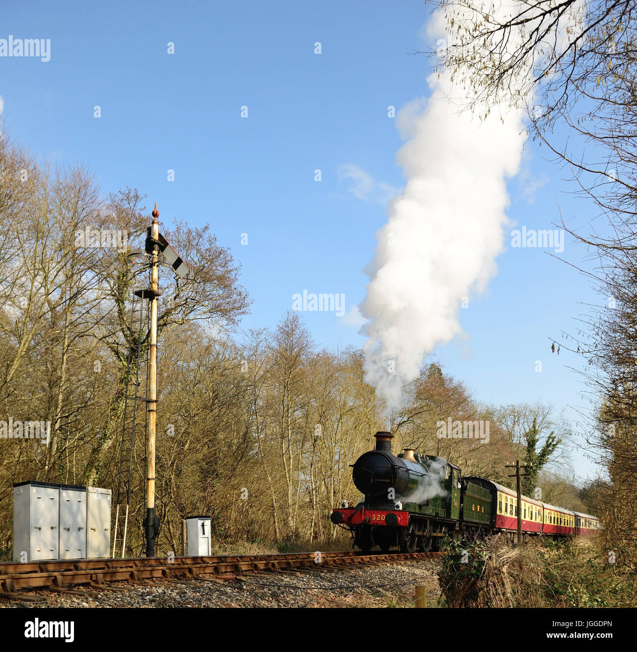 Steam train on the South Devon Railway, approaching Staverton, hauled by GWR 2251 class 0-6-0 No 3205. Stock Photo