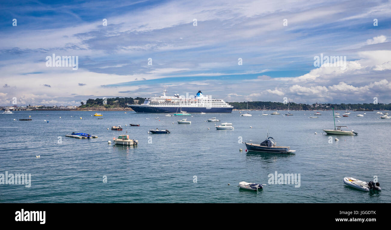 France, Brittany, Dinard waterfront, view of cruise ship Saga Sapphire, moored on the River Rance Stock Photo
