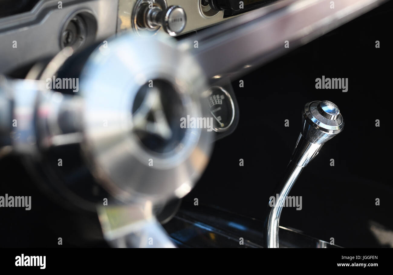 Gear shift and steering wheel of a vintage Dodge Dart Stock Photo