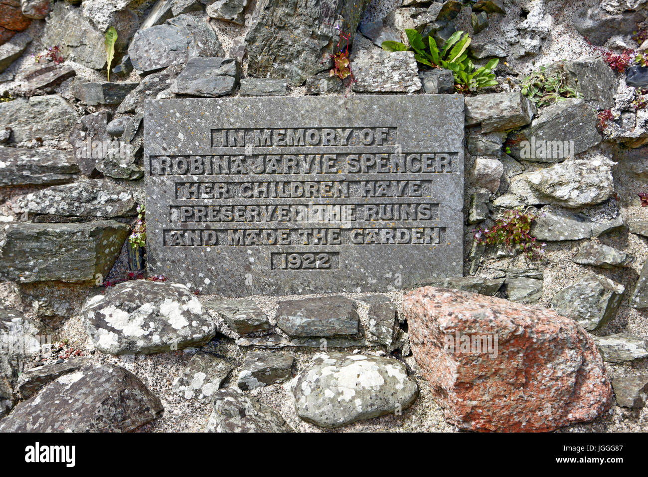 Commemorative plaque at the Nunnery on Iona in memory of Robina Jarvie Spencer. Stock Photo