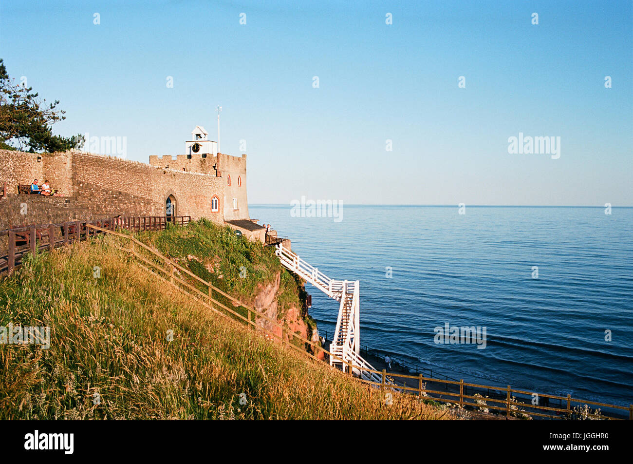 Jacobs Ladder and the clocktower in Connaught Gardens at Sidmouth, Devon, UK, on the South Coast Stock Photo