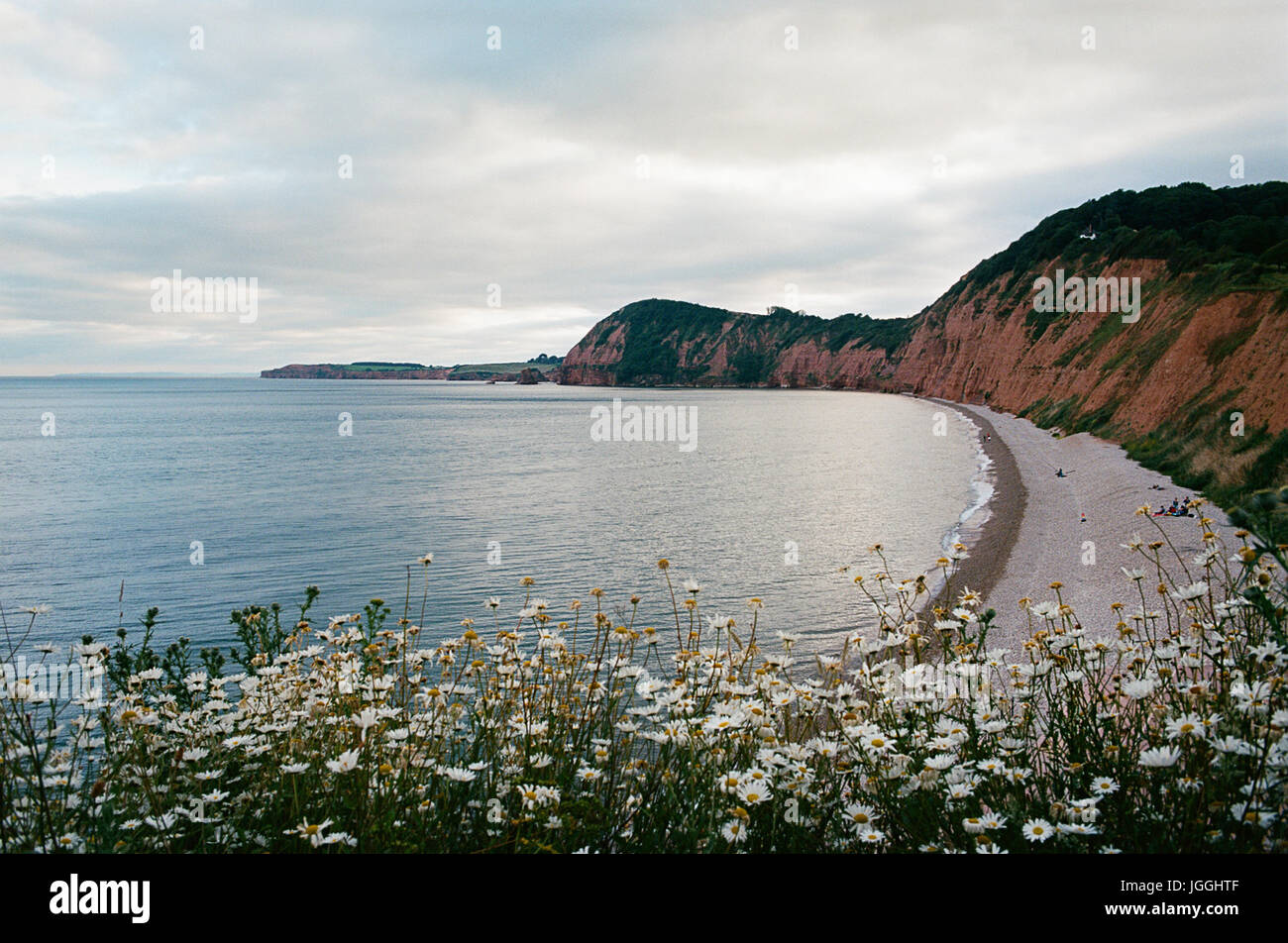 The beach near Sidmouth, Devon, UK, viewed from Jacob's Ladder, looking west Stock Photo
