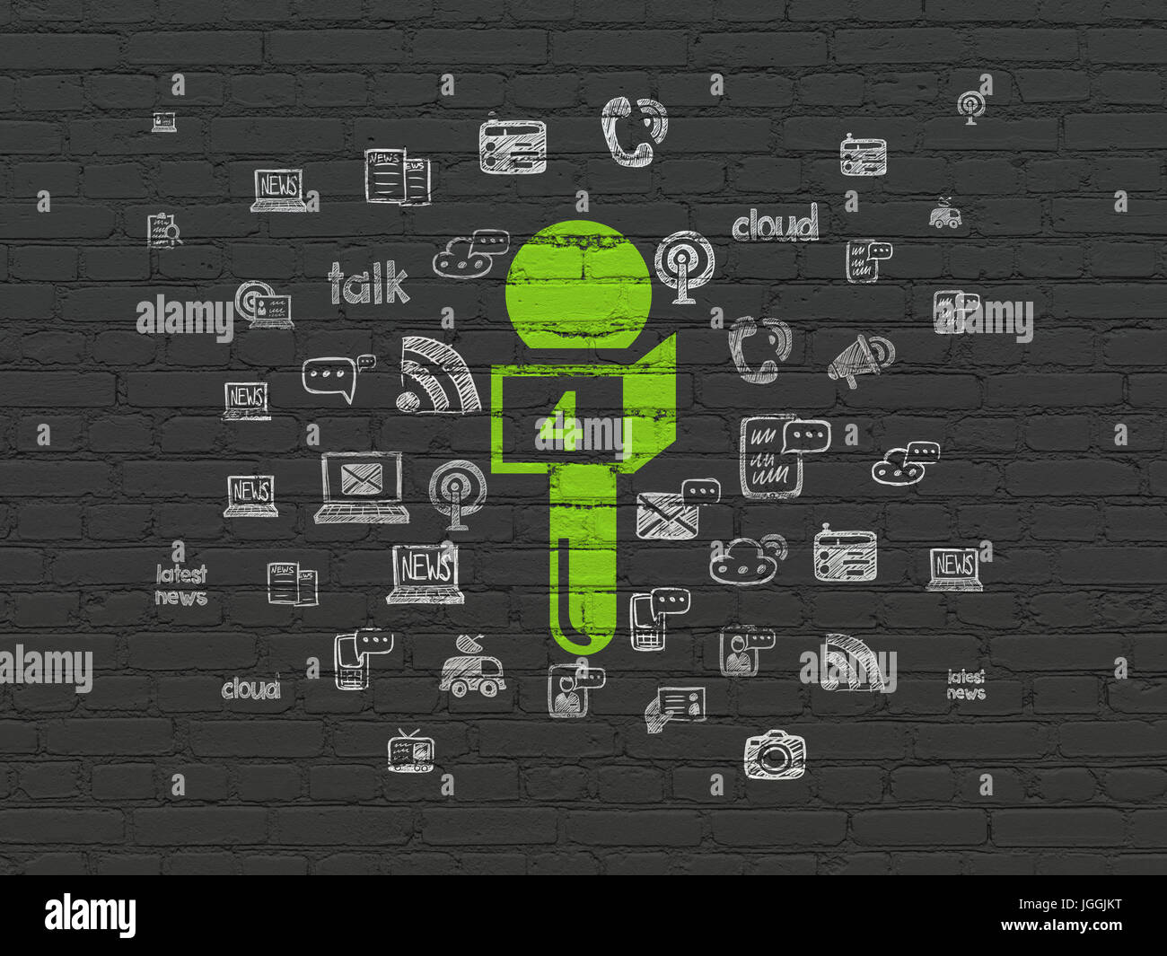 News concept: Microphone on wall background Stock Photo - Alamy