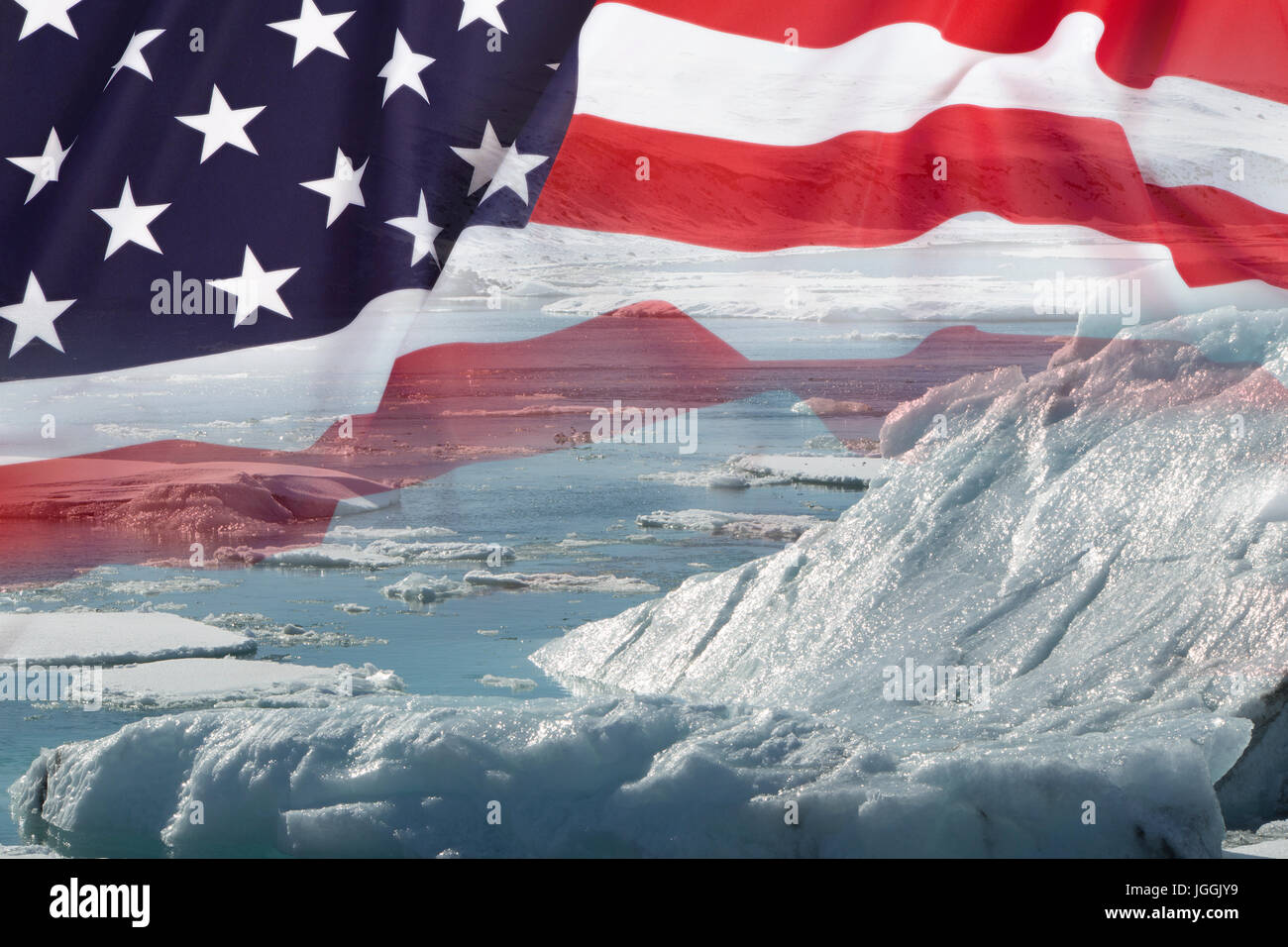Melting glaciers with USA national flag Stock Photo