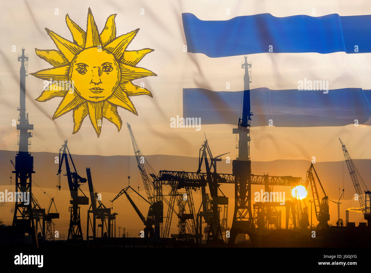 Industrial concept with Uruguay flag at sunset, silhouette of container harbor Stock Photo