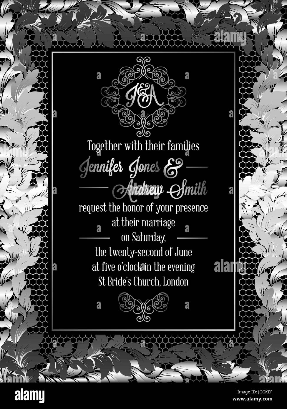 Vintage baroque style wedding invitation card template.. Elegant formal  design with damask background, traditional decoration for wedding , silver  dec Stock Vector Image & Art - Alamy