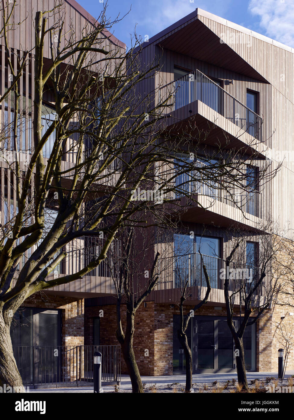 Timber facade and balconies. Bruyn's Court, South Ockendon, United