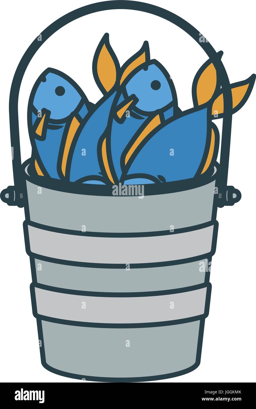 colorful silhouette bucket full fish with thick contour Stock