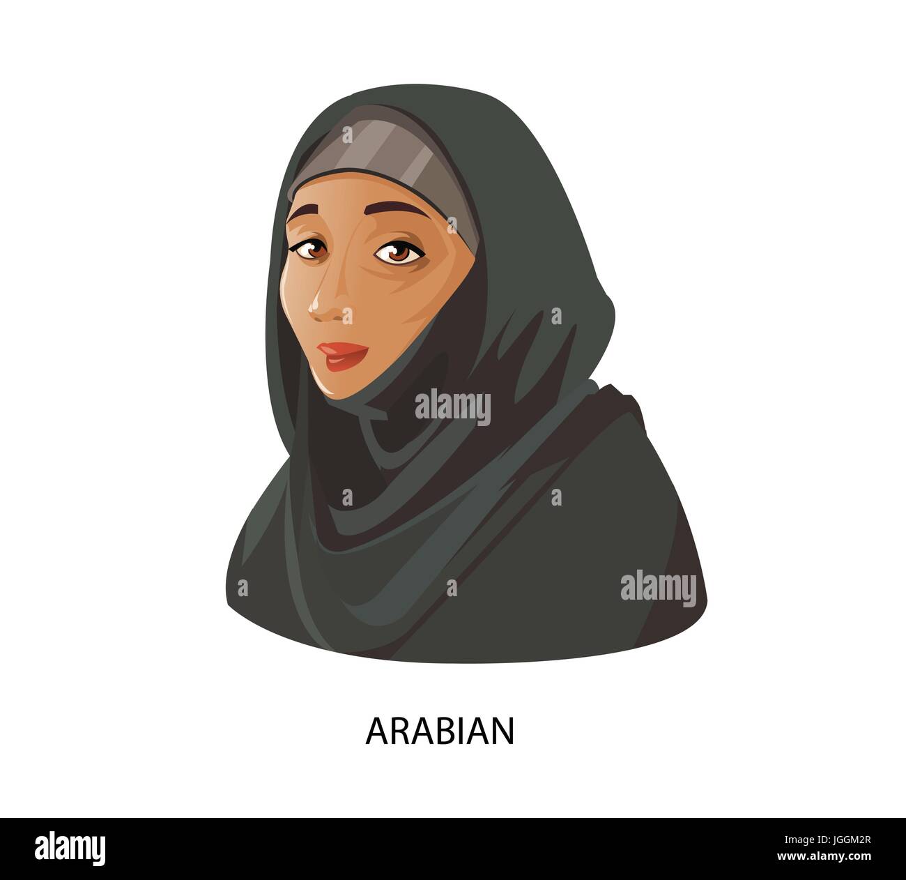 Digital vector funny cartoon arabian muslim woman in black dress dark face, abstract flat style Stock Vector