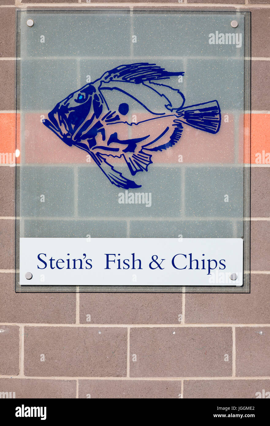 Shop sign at Rick Steins Fisheries and seafood bar at the popular seaside fishing town of Padstow, Cornwall, England Stock Photo