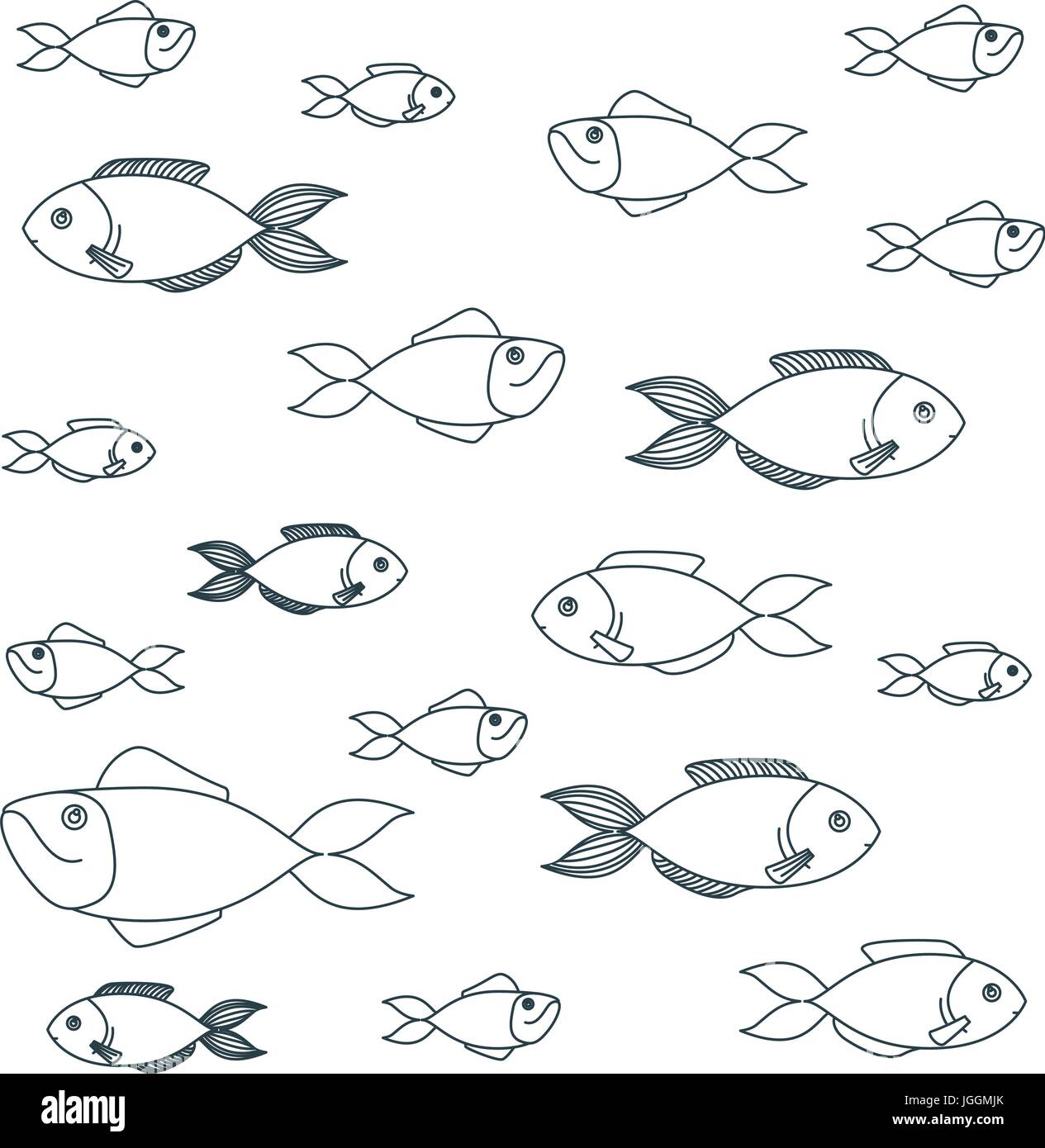 blue dark silhouette of different species fish pattern Stock Vector