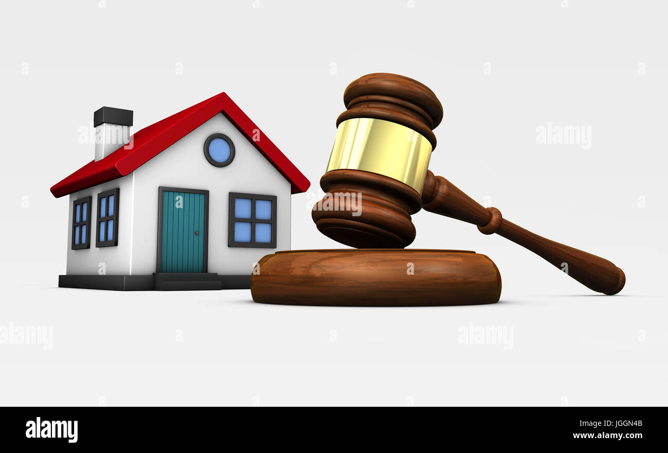 Property auction laws and legislation concept with a judge gavel and house model 3D illustration. Stock Photo