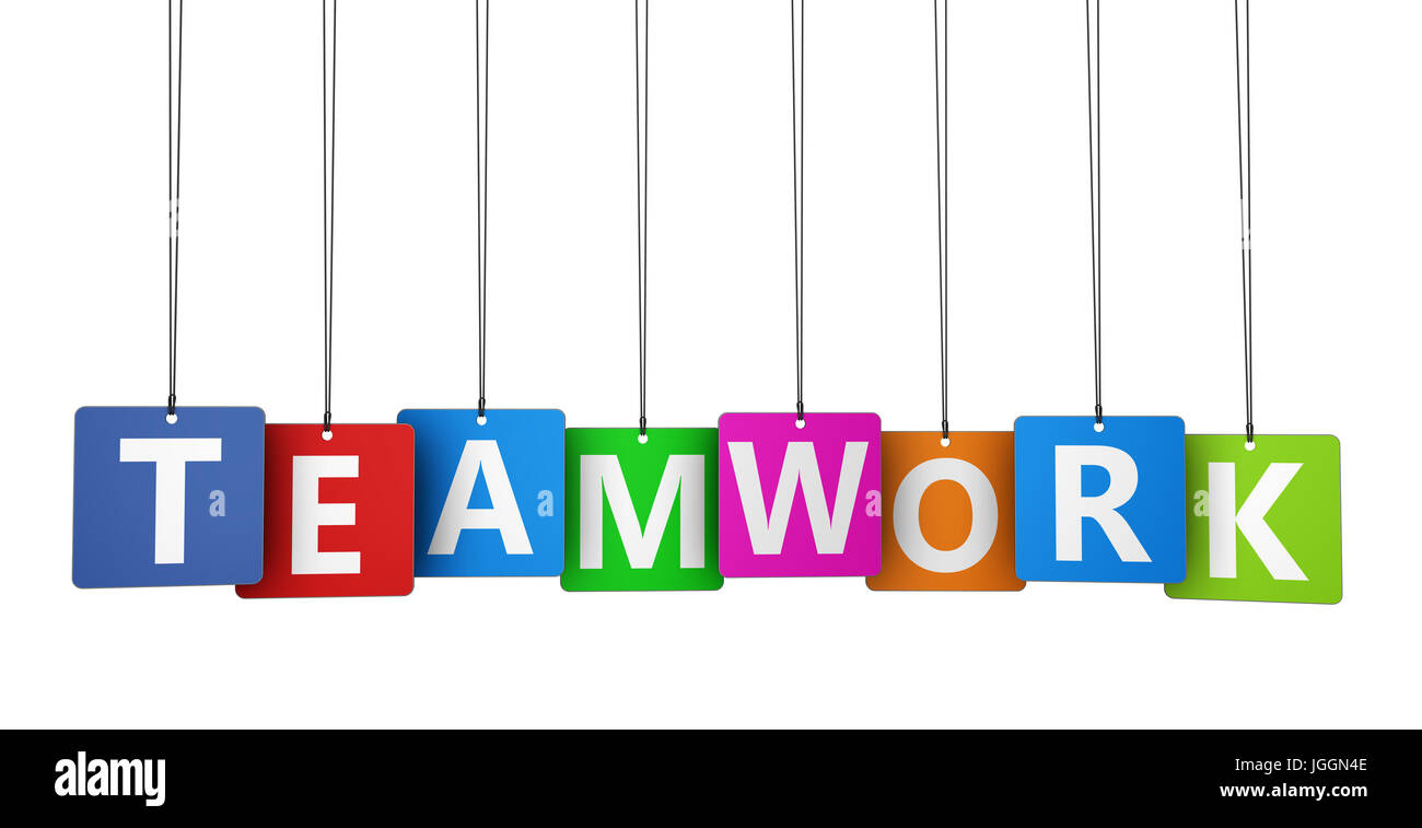 Teamwork sign and word on colorful paper tags 3D illustration on white background. Stock Photo