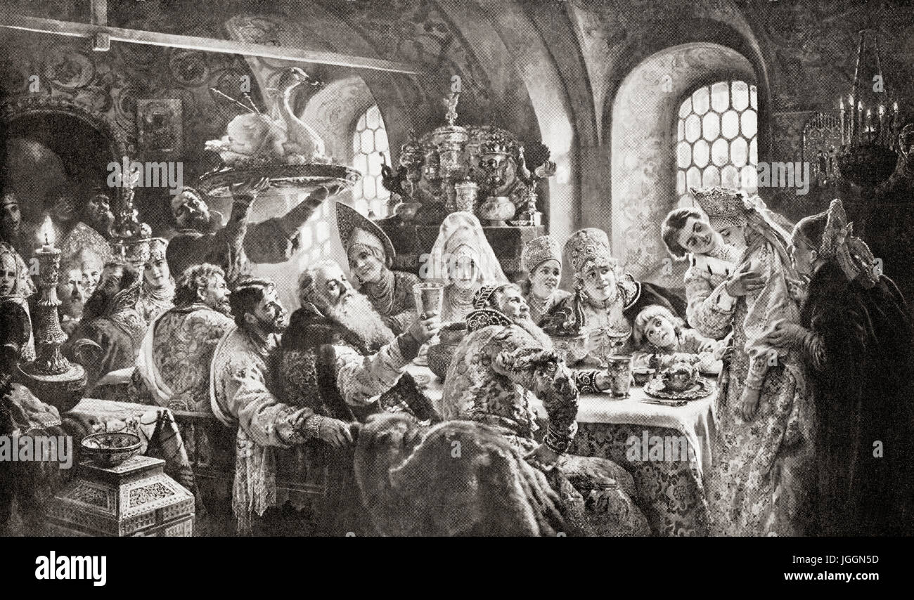 A 17th century Russian wedding feast.  From Hutchinson's History of the Nations, published 1915. Stock Photo
