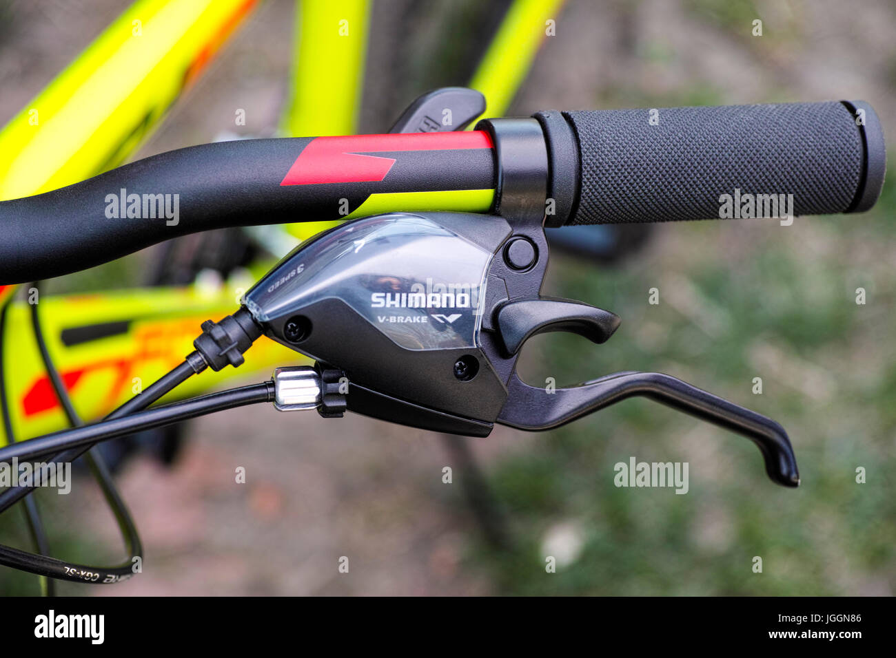 Tambov, Russian Federation - May 07, 2017 Shimano brake lever on handlebars. Close-up. Stock Photo