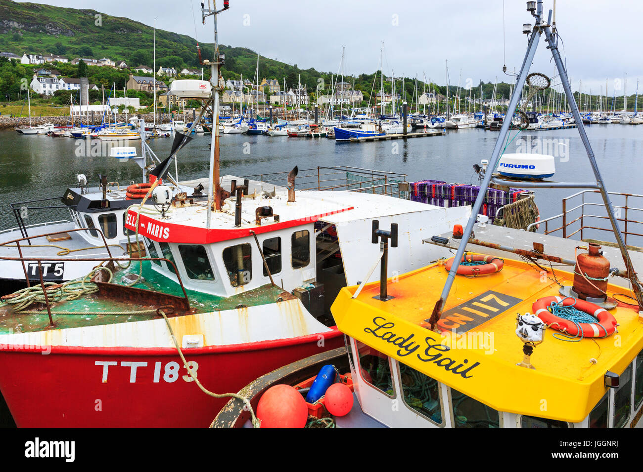 Tarbert Fish Fishing boats tied up at Tarbert harbour, Loch Fyne with yachts in the ...