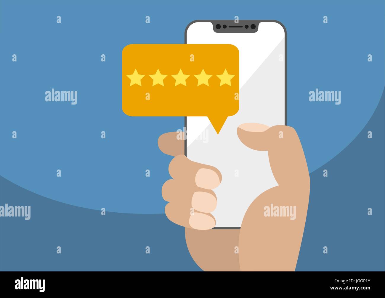 Positive online rating and customer survey vector illustration. Hand holding modern bezel-free / frameless smartphone with yellow five star rating mes Stock Vector