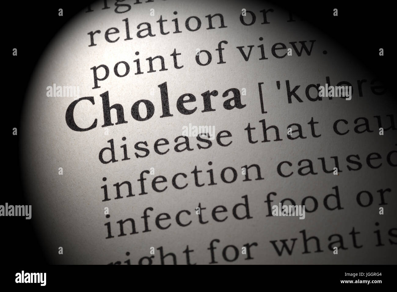 Fake Dictionary, Dictionary definition of the word cholera. including key descriptive words. Stock Photo