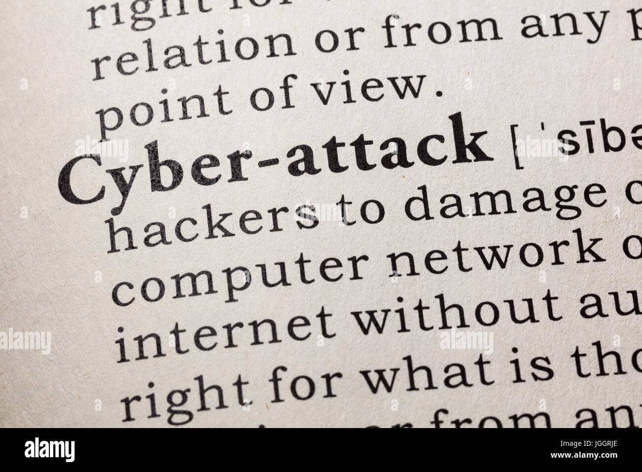 Fake Dictionary, Dictionary definition of the word cyber-attack. including key descriptive words. Stock Photo