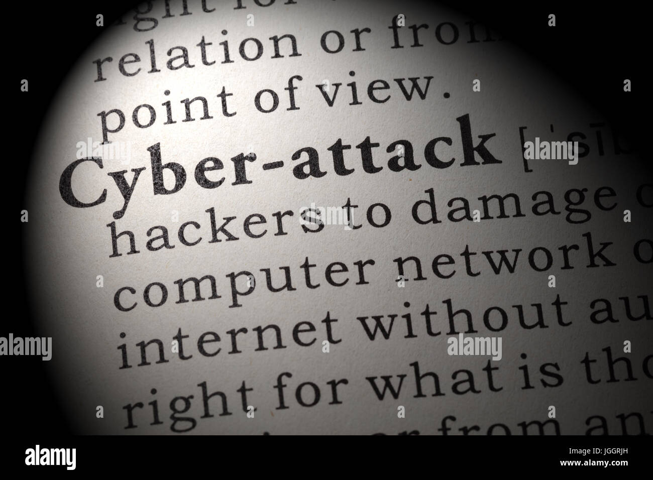 Fake Dictionary, Dictionary definition of the word cyber-attack. including key descriptive words. Stock Photo