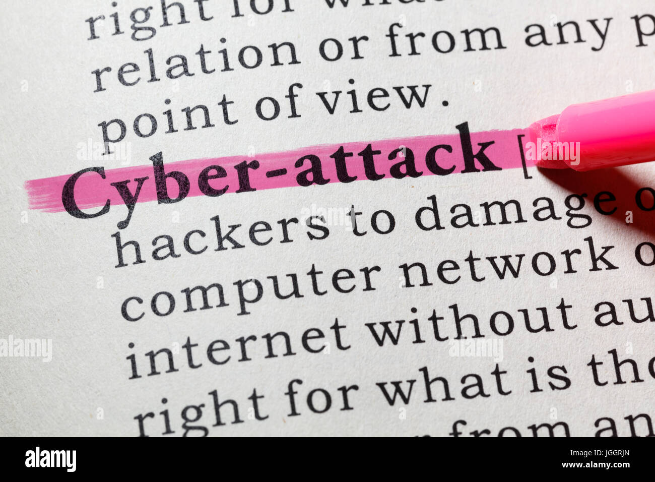 Fake Dictionary, Dictionary definition of the word cyber-attack. including key descriptive words. Stock Photo