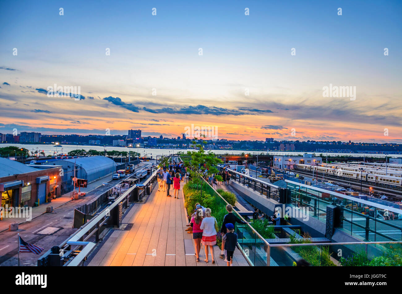The wonderful urban view from the High Line Park in Manhattan. The High Line is a popular linear park built on the elevated train tracks. Stock Photo