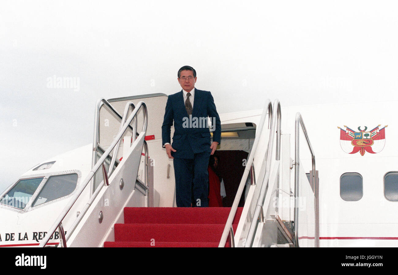 Mr. Alberto Fujimori, President of Peru, emerges from his aircraft moments after arriving at Andrews Air Force Base, Maryland. Stock Photo