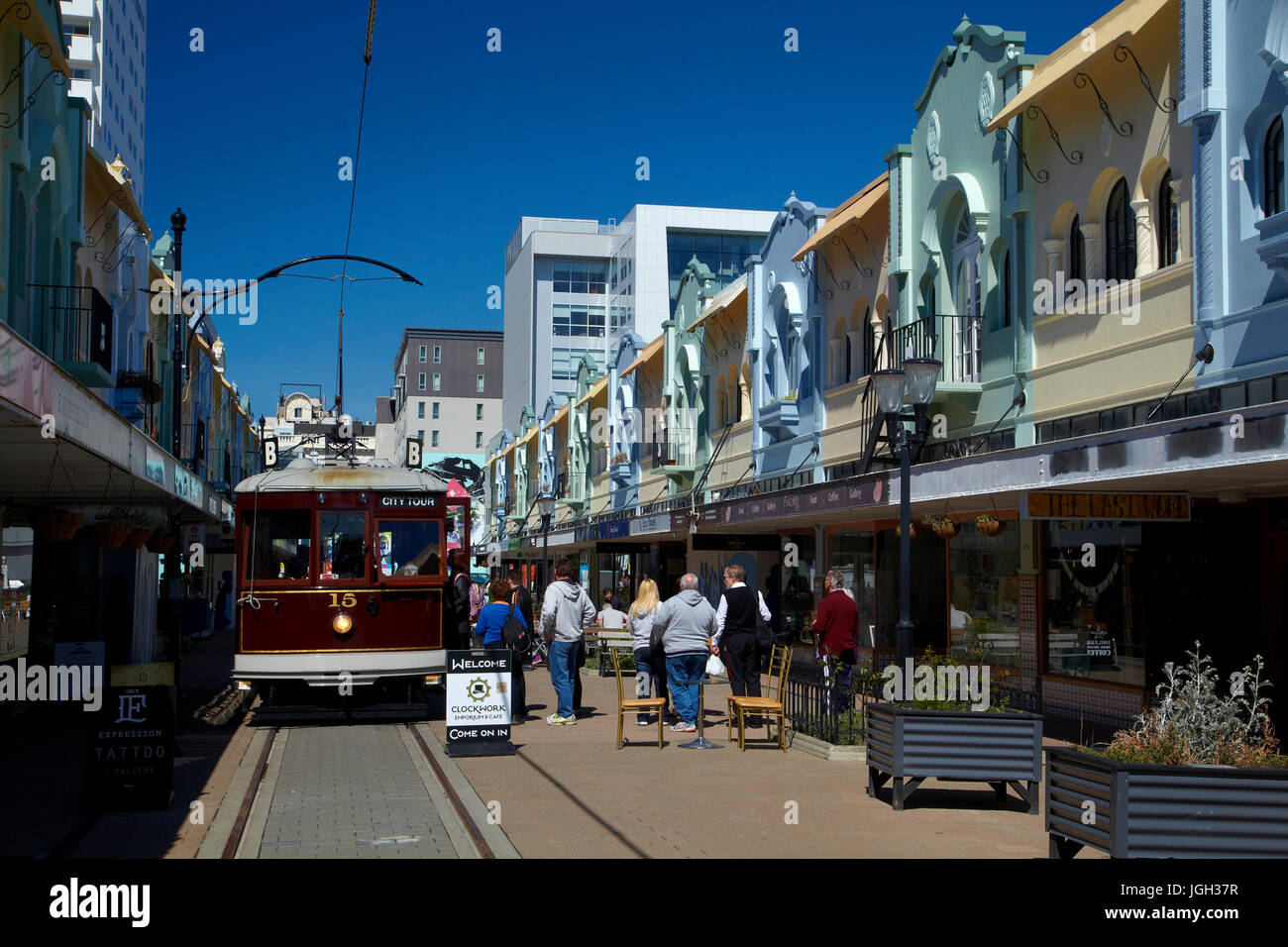 Tram and art deco buildings, New Regent Street, Christchurch, Canterbury, South Island, New Zealand Stock Photo