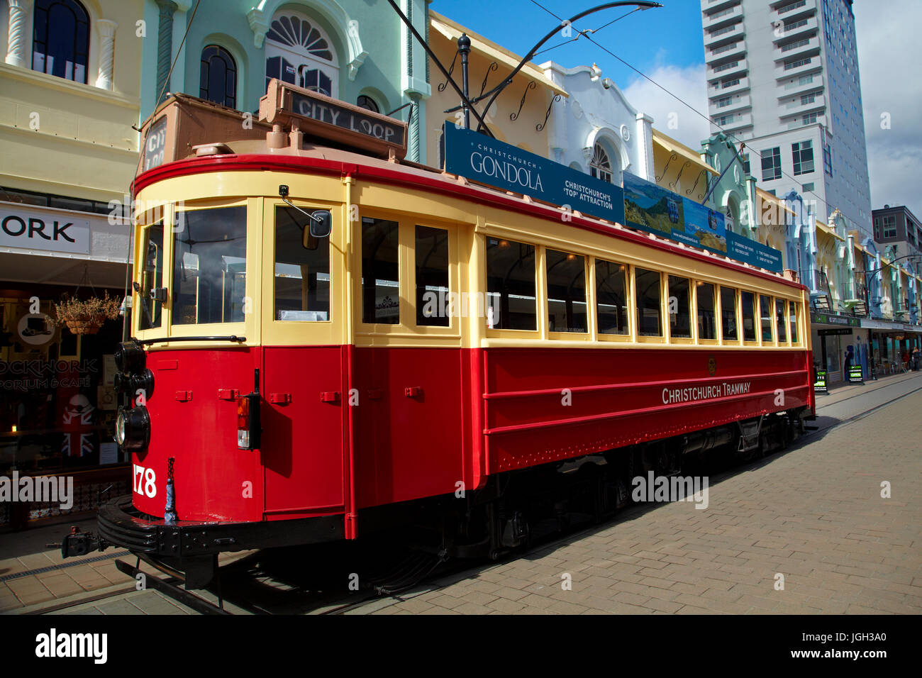 Tram and art deco buildings, New Regent Street, Christchurch, Canterbury, South Island, New Zealand Stock Photo