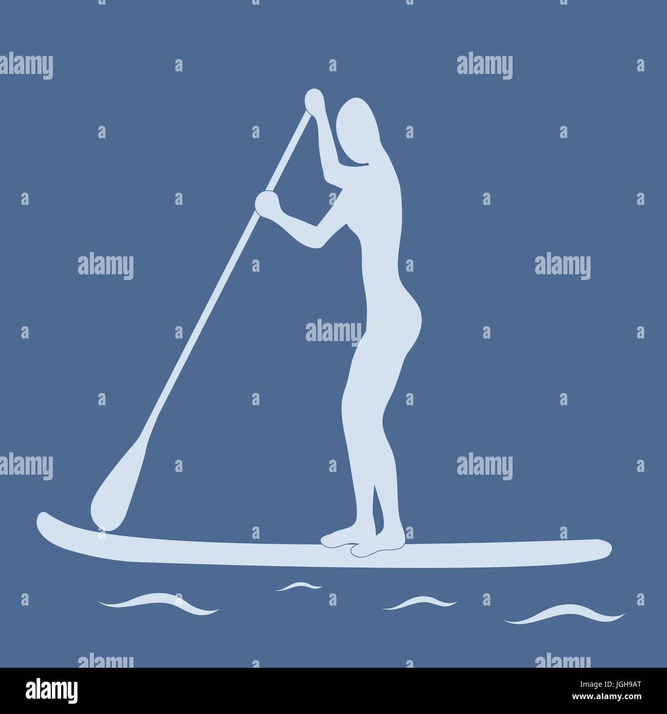 Vector illustration of stand up paddling female silhouette icon on a