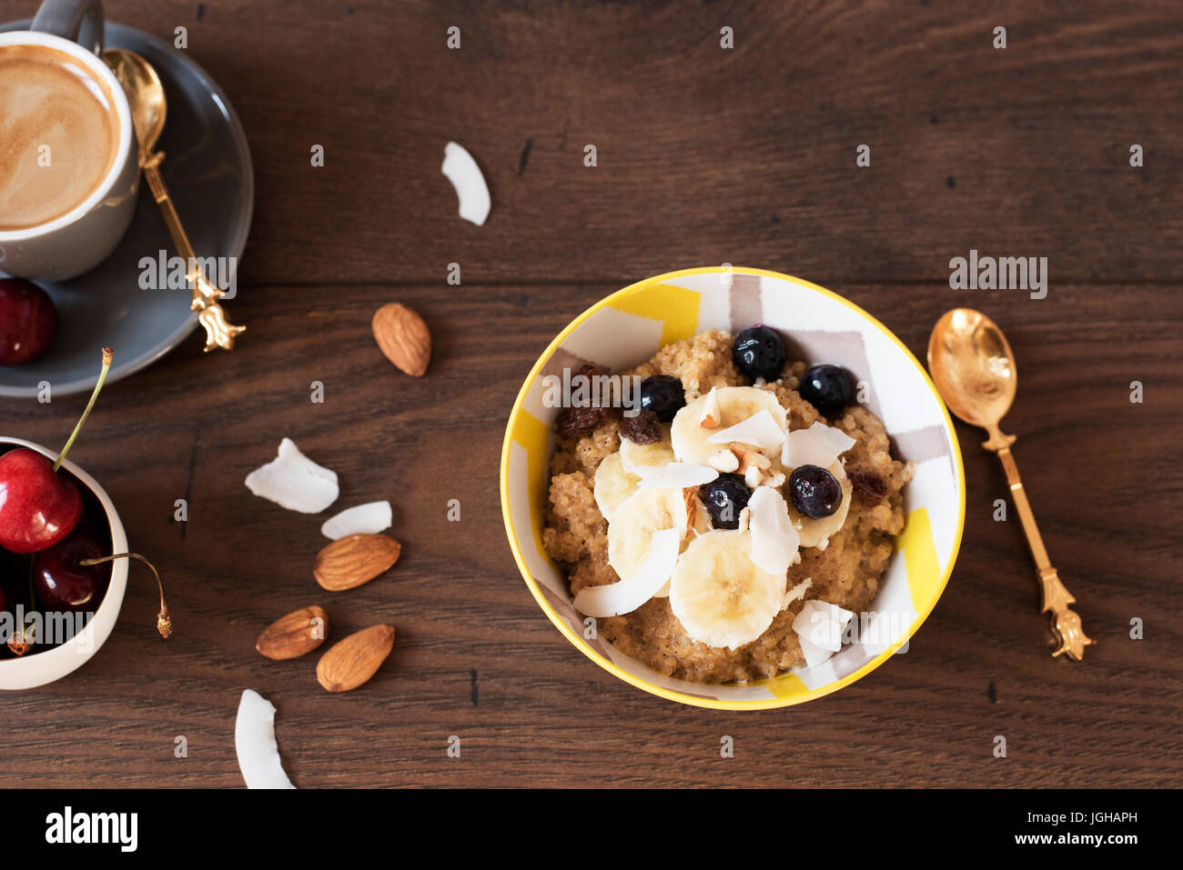 Almond Milk Quinoa With Fresh Fruits, Cherries And Coffee. Healthy
