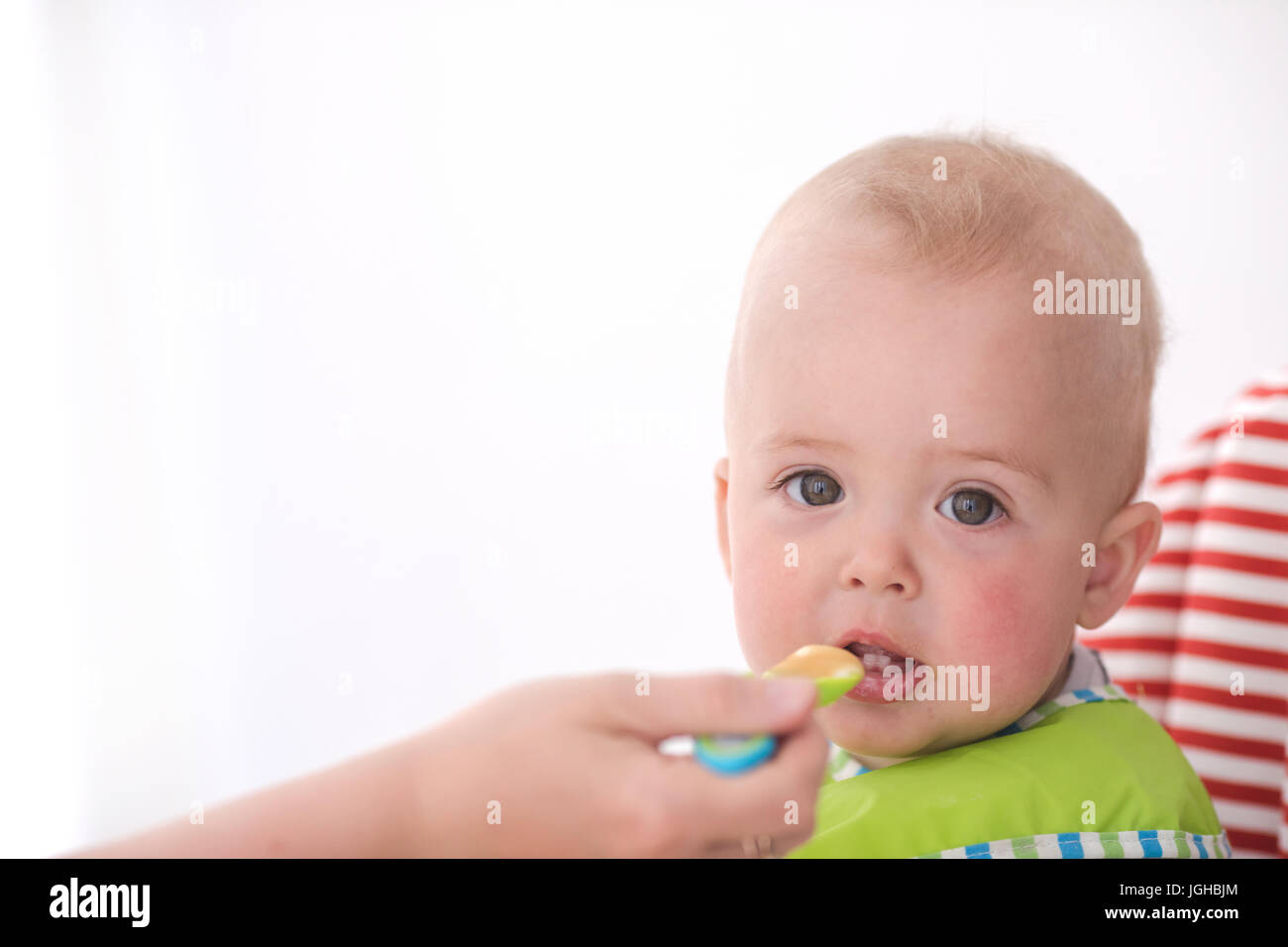 Parent feeding infant child on a white background Stock Photo