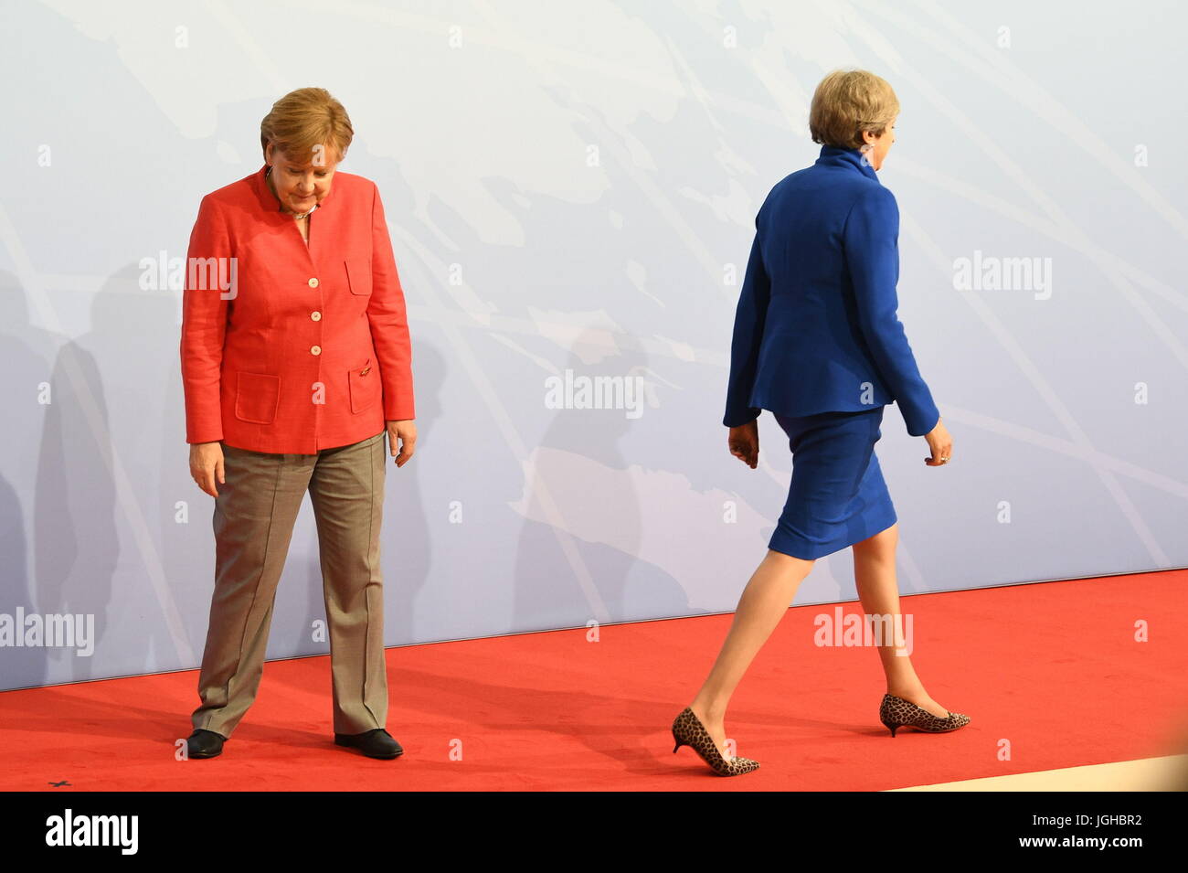 Prime Minister Theresa May and German Chancellor Angela Merkel attend the G20 summit in Hamburg. Stock Photo