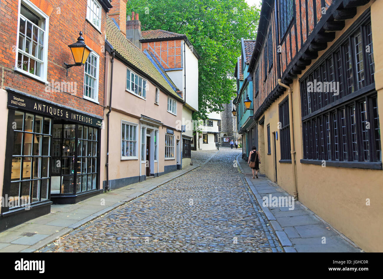 Historic buildings in Elm Hill cobbled lane street, Norwich, Norfolk