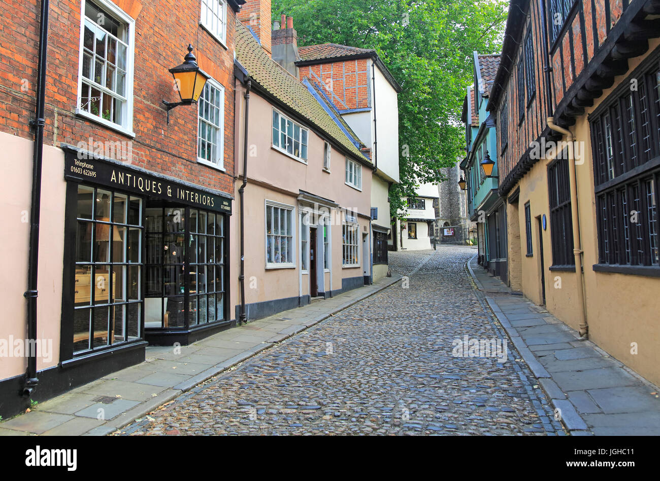 Historic buildings in Elm Hill cobbled lane street, Norwich, Norfolk