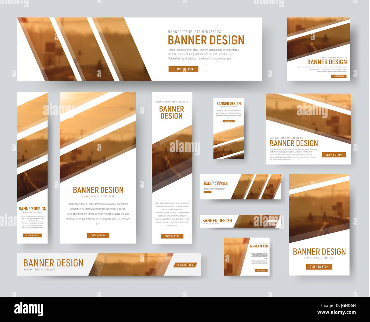 set of standard size banners. Web templates with diagonal stripes for photos. Blurred background for sample. Stock Photo