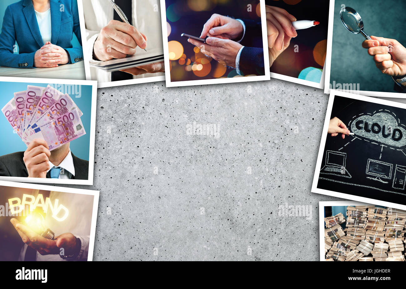 Business and entrepreneurship photo collage over gray concrete background Stock Photo