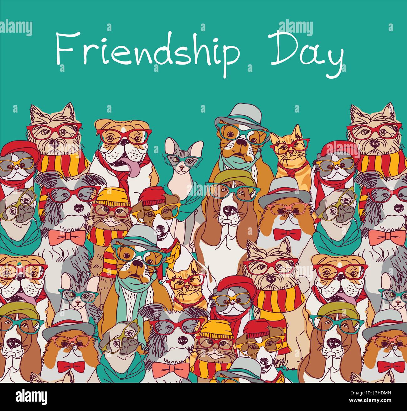 Group fashion best friends cats and dogs fun animals card and sky. Stock Vector
