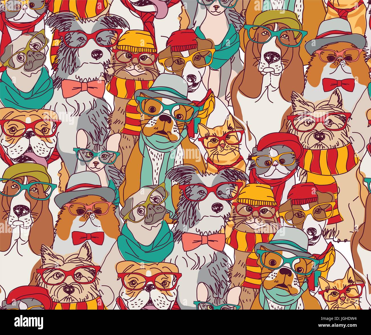 Fashion cats and dogs in glasses color seamless pattern. Stock Vector