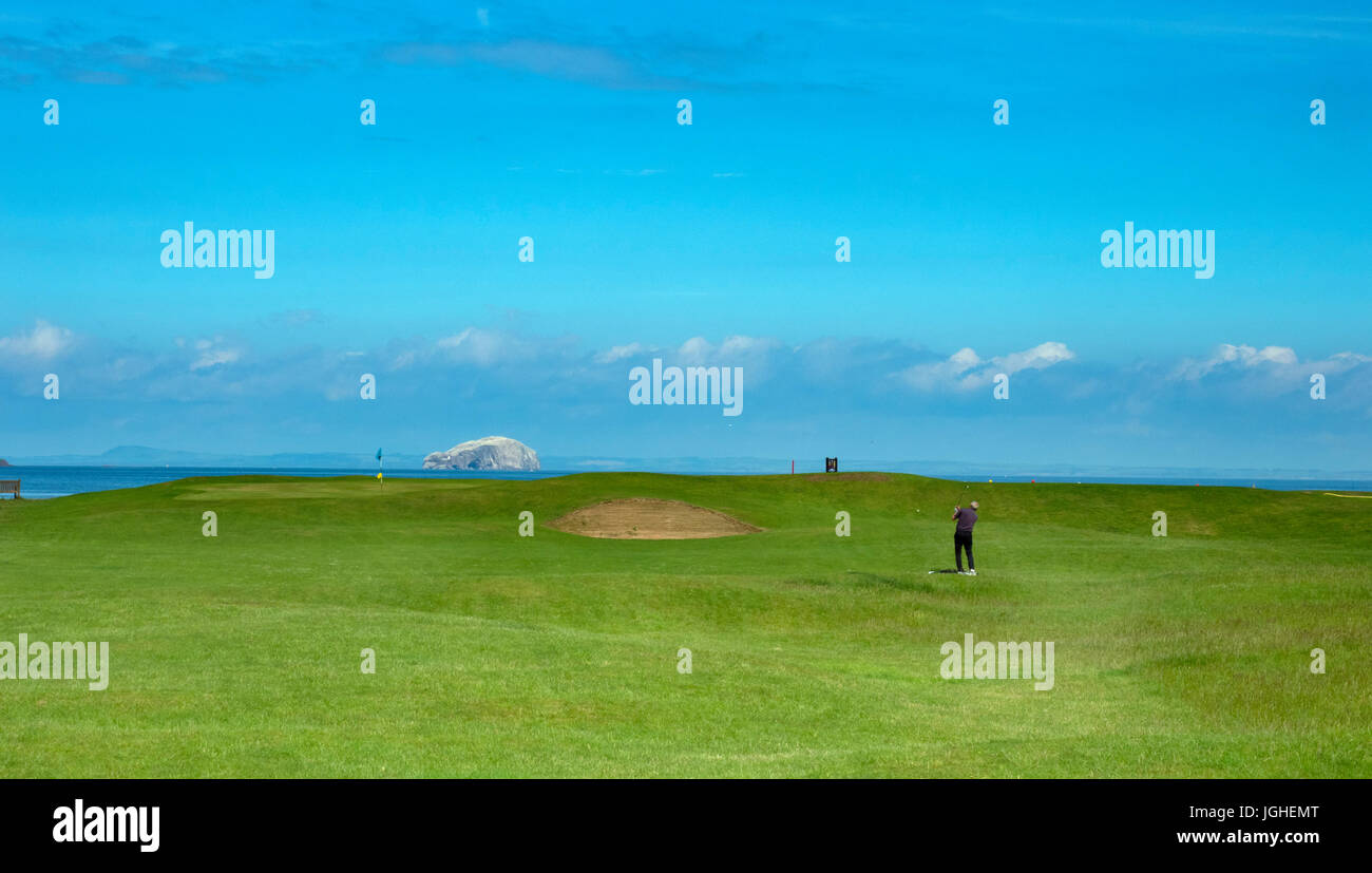 View of golf course and Bass Rock and lighthouse, Bass Rock; Fife, Scotland, UK, Stock Photo
