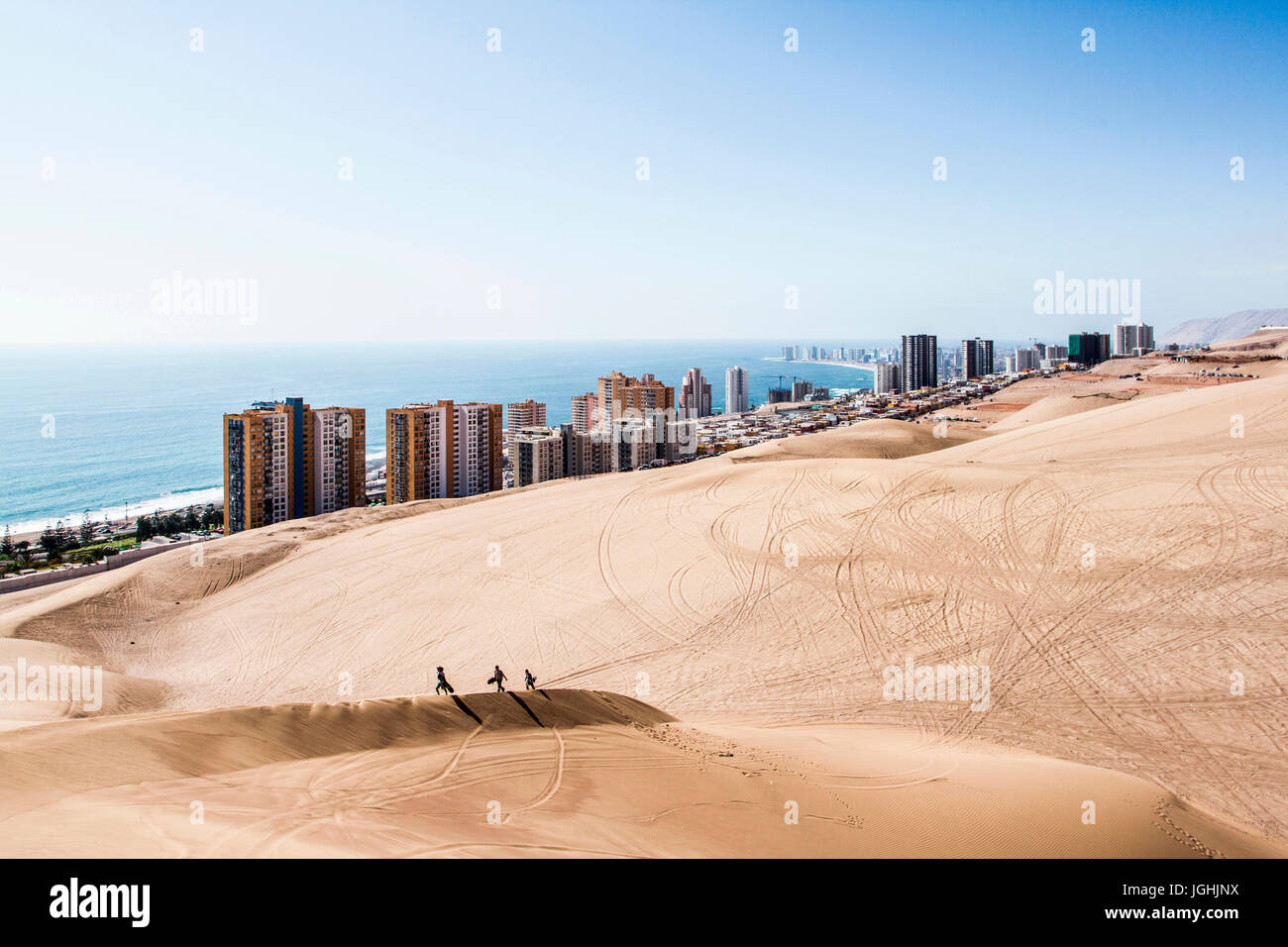 Iquique viewed from Cerro Dragon, a sand dune located next to the city. Iquique, Tarapaca Region, Chile. 15.11.15 Stock Photo