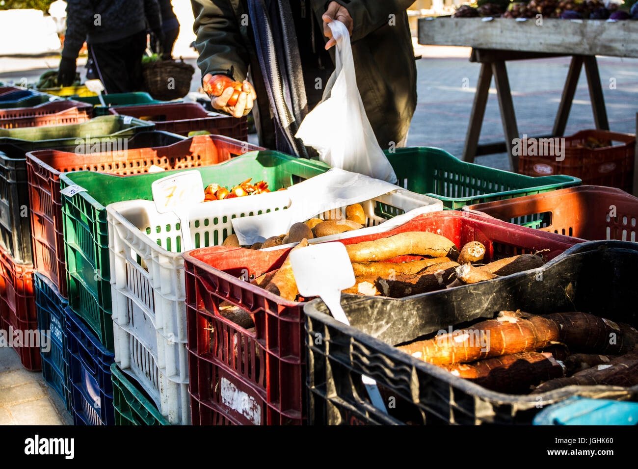 Street market for organic products at Lagoa da Conceicao neighborhood. It takes place at Bento Silverio Square, every saturday from 7:00  AM to noon.  Stock Photo