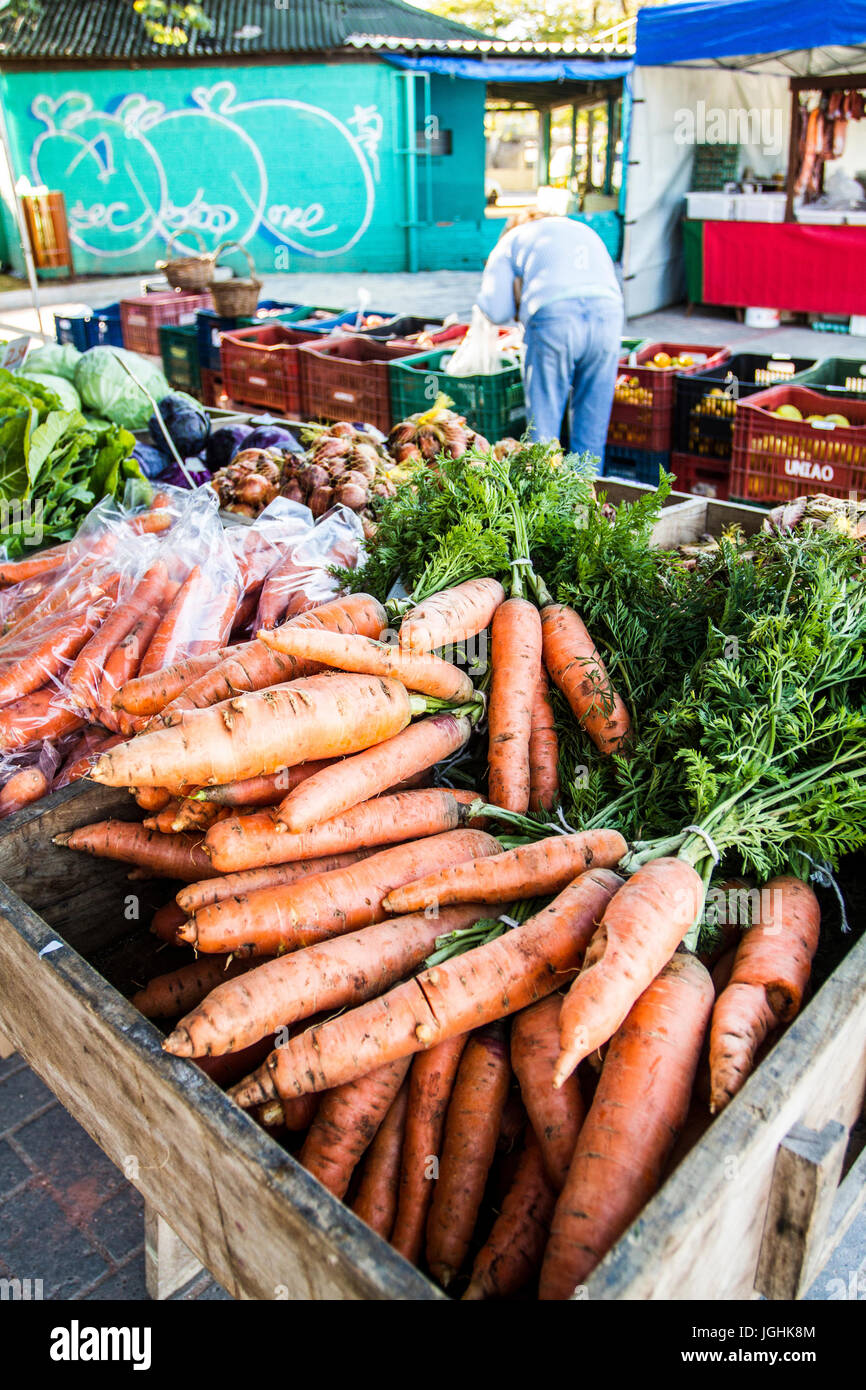 Street market for organic products at Lagoa da Conceicao neighborhood. It takes place at Bento Silverio Square, every saturday from 7:00  AM to noon.  Stock Photo